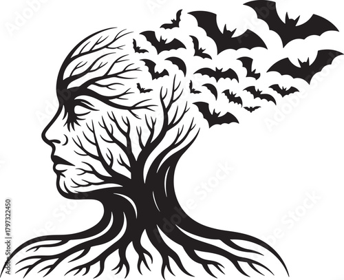 Abstract human profile made of tree branches bats flying from head