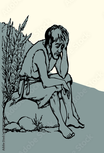 Vector drawing. A sad man and pigs