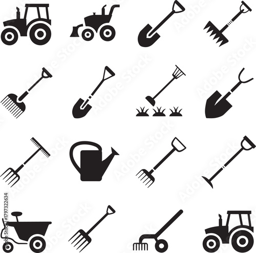 Agriculture and garden tools farming equipment icon set
