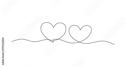 Hand drawn sketch of two heart symbol. Single continuos line love doodle. 