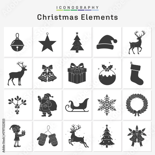 Christmas Icon Set, Holiday Silhouettes and Glyph Vector Collection
