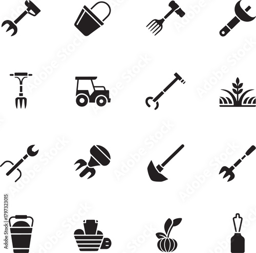 Agriculture Gardening and farming tools icons collection including a tractor