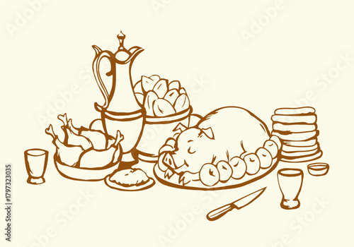 Vector drawing. Tasty feast food