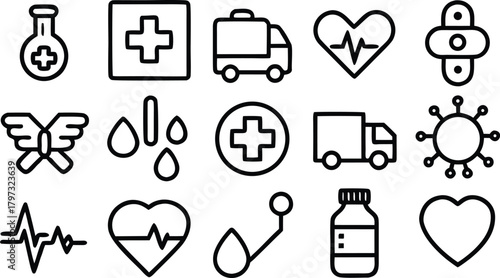 Medical and health care icons: heart, ambulance, virus, and lab equipment