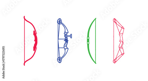 Four colorful line drawings depicting different styles of archery bows