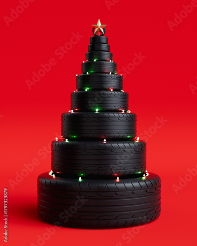 Tire Christmas tree with festive lights on red background