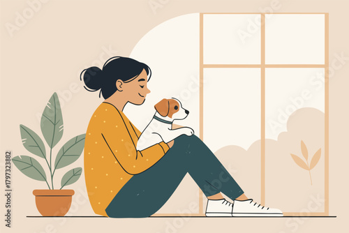 Gentle woman embraces tiny puppy by large window, soft light, serene moment, loving bond, cozy home, pure joy, innocent eyes, fluffy fur, warm connection, peaceful bliss.