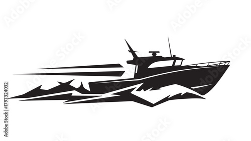 Bold black and white illustration of a fishing boat speeding through the ocean waves, perfect for nautical themes, marine adventures, and powerful sea voyages
