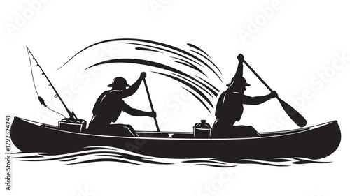 Catch the Spirit of Adventure Two Fishermen Paddling a Canoe on the Lake with Fishing Rods Casting Lines for the Perfect Catch on a Serene Waterway for Angling Enthusiasts