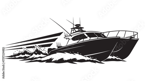 Dynamic fishing boat cutting through ocean waves offering nautical adventure vibes, perfect for travel themes, maritime concepts, or marine industry applications