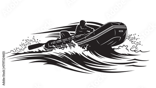 Dynamic black and white graphic of a person courageously navigating rough waters in an inflatable boat, showcasing adventure and resilience, ideal for sports or travel themes