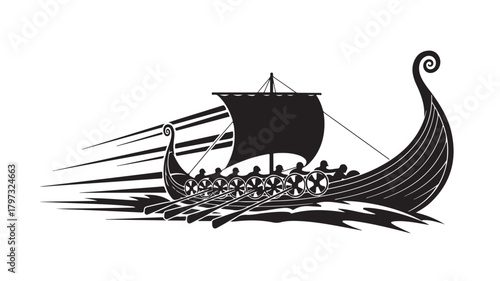 Powerful Viking ship sails toward adventure, a dramatic historical voyage across stormy seas, perfect for conveying strength, resilience, and the spirit of exploration in your designs