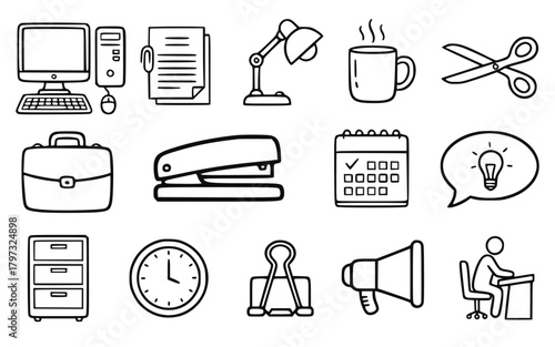 Office Line Icon Set - Workplace, Business, and Stationery Vector Outline Collection