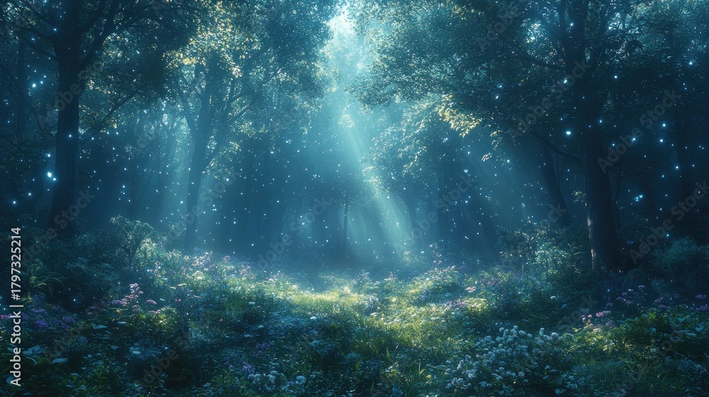 Fototapeta premium Magical forest path with glowing lights and flowers.