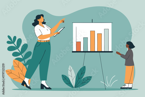 -woman-explaining-marketing-strategy-with-bar-char.eps