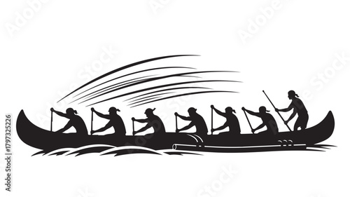 Dynamic silhouette of a dragon boat team paddling with powerful strokes, teamwork and determination on display, perfect for sports, fitness, and team building concepts