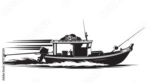 Dynamic fishing boat speeding across water ready for adventure, offering a bold and exciting visual for nautical themes or recreational projects, full of energy and angling spirit