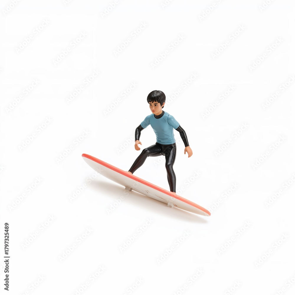 Fototapeta premium Toy surfer figure in wetsuit on surfboard isolated on white minimal background, surfing miniature action concept