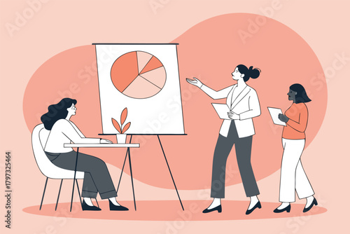 -woman-explaining-pie-chart-on-flipboard-during-me.eps