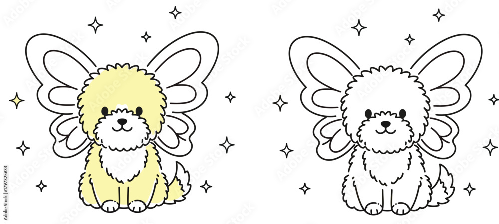 Fototapeta premium Adorable Fluffy Puppy with Fairy Wings and Stars - Enchanting Coloring Page for Kids