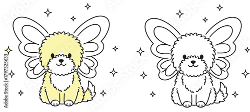 Adorable Fluffy Puppy with Fairy Wings and Stars - Enchanting Coloring Page for Kids