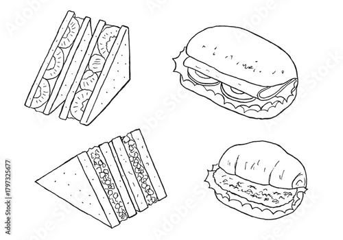 いろんなサンドイッチの手描きイラストセット1