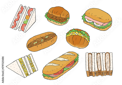 いろんなサンドイッチの手描きイラストセット