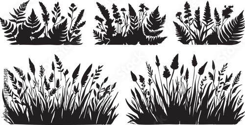Black silhouette vector pack: ferns, grass, and wild plants eps