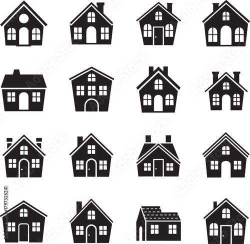 house collection of diverse icons residential building silhouettes