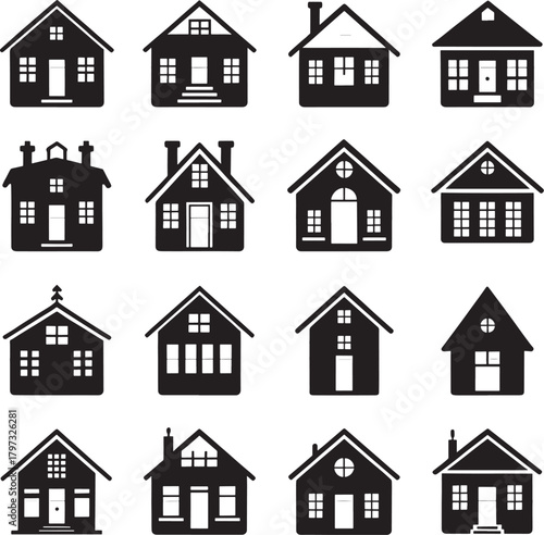 cottage various black house silhouette icons in a grid pattern on a white background