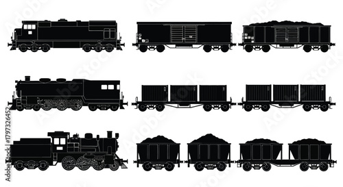 Black silhouette illustration of vintage and modern train cars and locomotives