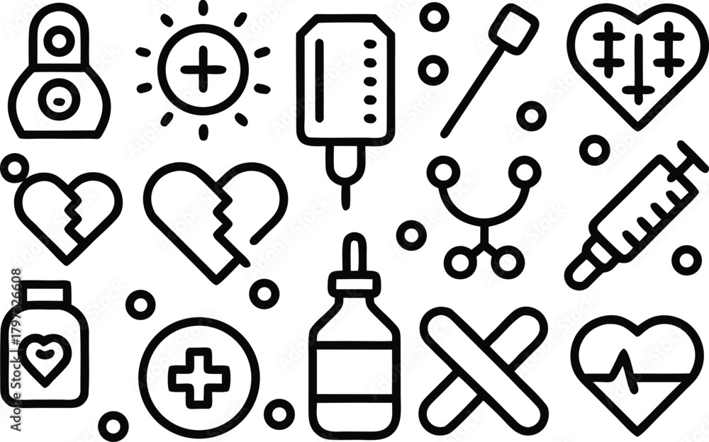 Obraz premium Medical and healthcare icons: health, illness, and treatment symbols
