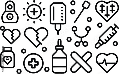 Medical and healthcare icons: health, illness, and treatment symbols