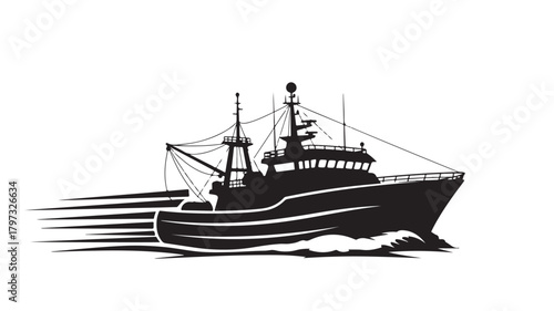 Powerful fishing boat speeding through the water, an icon of maritime adventure and seafood industry, perfect for nautical themes and coastal designs, strong, speedy, and iconic