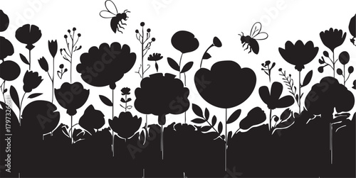 Black and white floral vector: flowers, bees, and garden silhouette eps