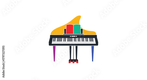 Colorful illustration of a grand piano with a whimsical and modern design