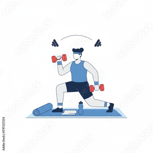 Man lifting dumbbells at home, strength training and fitness routine during domestic workout.