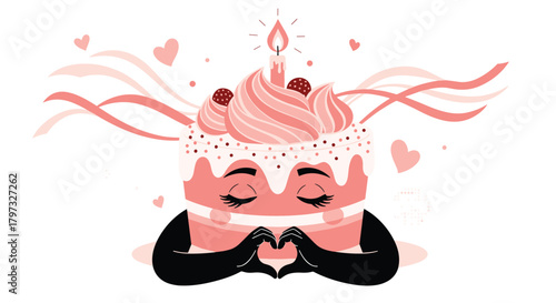 An adorable pink birthday cake character, featuring a lit candle, sprinkles, and closed eyes making a wish, with hands forming a heart gesture, surrounded by festive ribbons.