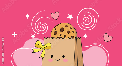 A charming illustration depicts a cute paper bag with a yellow bow and a happy face, holding a chocolate chip cookie, on a vibrant pink background with hearts, stars, and swirls.