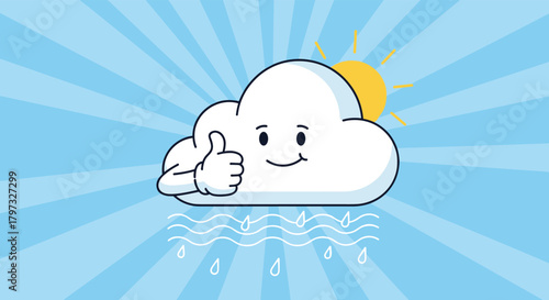 An optimistic cartoon cloud smiles and gives a thumbs-up, symbolizing a positive outlook even when rain and sunshine coexist in the weather.