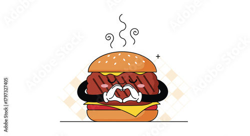 A cheerful, steaming cartoon burger with a kawaii style makes a heart shape with its gloved hands, showcasing a heartwarming love for food.