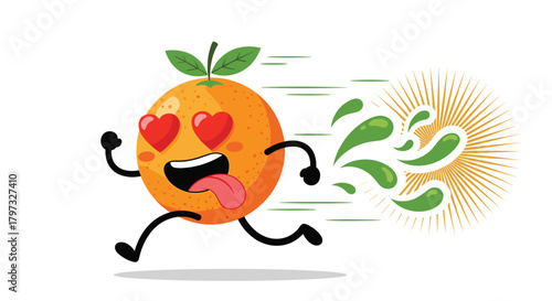 A lively animated orange, featuring heart-shaped eyes and a playful tongue, is depicted in a full sprint, leaving a vibrant trail of green liquid and a bright, radiating sunburst.