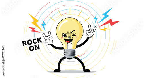 An energetic lightbulb cartoon character winks and makes 'rock on' hand gestures, surrounded by colorful radiating lines and lightning bolts, symbolizing bright ideas and enthusiasm.