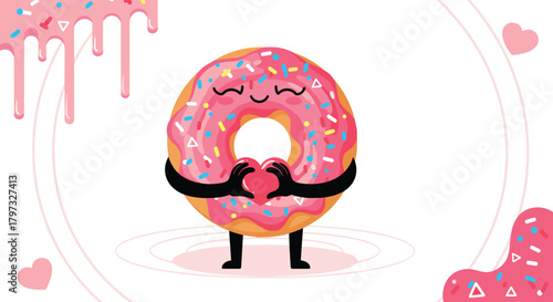 A cute cartoon donut with pink icing and colorful sprinkles holds a small pink heart, expressing love in a sweet and cheerful confectionery illustration.