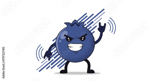 A cool and energetic cartoon blueberry mascot with a mischievous grin and rock-and-roll hand gestures, surrounded by dynamic lines, ready to amp up any design with its vibrant and rebellious spirit.