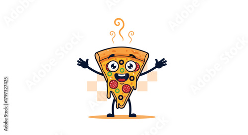 A cheerful and steaming cartoon pizza slice with big eyes, a wide smile, and various toppings stands happily, extending its arms in a welcoming gesture on a white background.