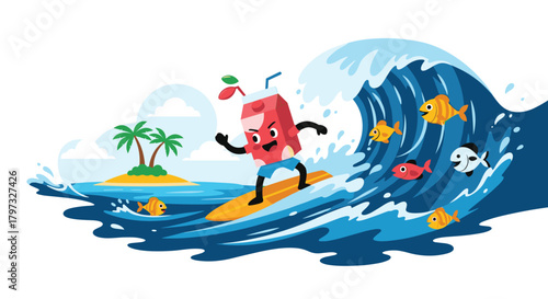 An energetic anthropomorphic juice box character, wearing blue shorts, surfs a huge ocean wave with a tropical island, palm trees, and colorful fish in the background.
