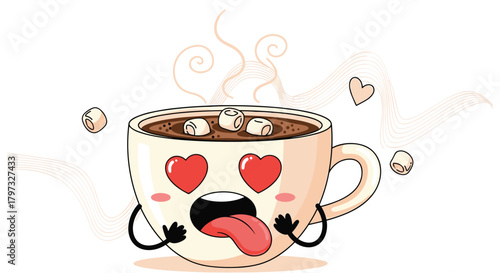 Adorable cartoon hot chocolate mug with heart-shaped eyes and a sticking-out tongue expresses extreme love for marshmallows and steaming warmth.