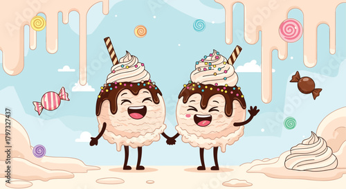 Two adorable cartoon ice cream scoops, happily holding hands and smiling, surrounded by a whimsical candy land with dripping frosting and colorful sweets.