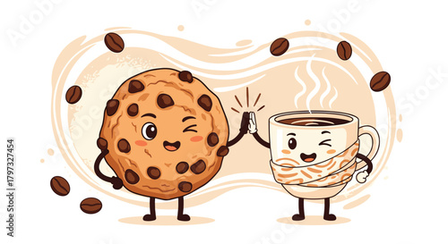 Cute anthropomorphic cookie and steaming coffee cup high-fiving in a cheerful display of friendship, surrounded by coffee beans and warm, cozy background swirls.